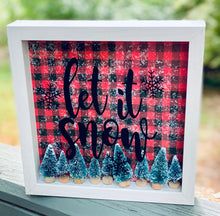 Let It Snow Christmas Decor, 9x9 Shadow Box for side table or foyer, Buffalo Plaid Winter Mantle decor, Bottle Brush Sisal Trees