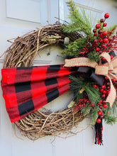Christmas Wreath with Buffalo Plaid Scarf, Winter Wreath for Front Door with Red Berries and Evergreen, Farmhouse Holiday Front Porch