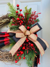 Christmas Wreath with Buffalo Plaid Scarf, Winter Wreath for Front Door with Red Berries and Evergreen, Farmhouse Holiday Front Porch