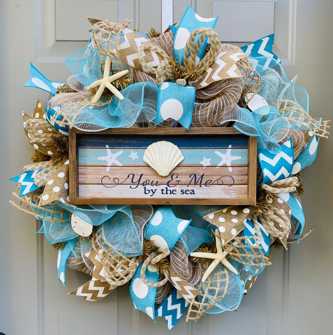 Beach Burlap Deco Mesh Wreath with Seashells, You and Me By The Sea, Seashell Wreath, Beach Wreath, Starfish Wreath