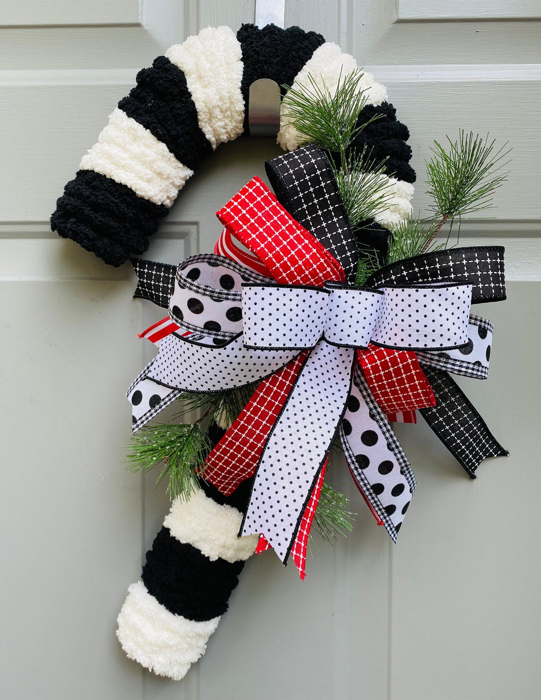 Candy Cane Door Hanger for Front Door Yarn Wrapped Candy Cane Wreath for Christmas Front Porch