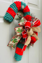Candy Cane Door Hanger for Front Porch, Evergreen and Berries Candy Cane Wreath