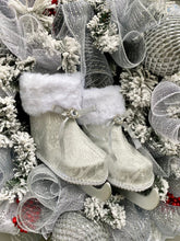 Ice Skates Wreath Winter Front Door Decor, Snow Theme for Front Porch, Snowflake Flocked Christmas Evergreen
