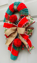 Candy Cane Door Hanger for Front Porch, Evergreen and Berries Candy Cane Wreath