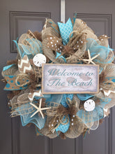 Welcome to the Beach Burlap/Deco Mesh Wreath with Sea Shells, Seashell Wreath, Beach Wreath, Starfish Wreath