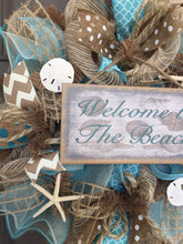 Welcome to the Beach Burlap/Deco Mesh Wreath with Sea Shells, Seashell Wreath, Beach Wreath, Starfish Wreath