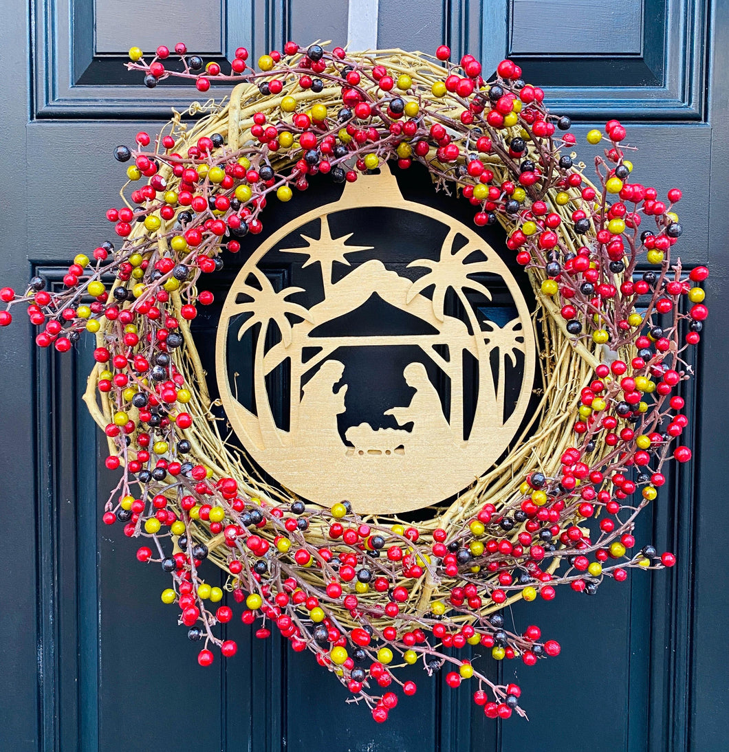 Christmas Nativity Berry Wreath, Christmas Minimalist Rustic Front Door Decor