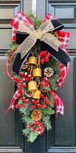 Christmas Door Swag, Red Berry Pine Wreath, Farmhouse Holiday Decor, Rustic Bell Wreath, Front Door Christmas Decoration