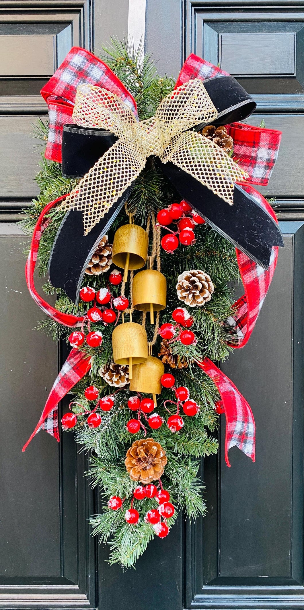 Christmas Door Swag, Red Berry Pine Wreath, Farmhouse Holiday Decor, Rustic Bell Wreath, Front Door Christmas Decoration