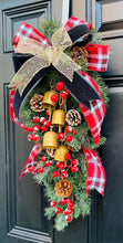 Christmas Door Swag, Red Berry Pine Wreath, Farmhouse Holiday Decor, Rustic Bell Wreath, Front Door Christmas Decoration