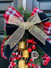Christmas Door Swag, Red Berry Pine Wreath, Farmhouse Holiday Decor, Rustic Bell Wreath, Front Door Christmas Decoration
