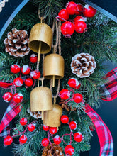 Christmas Door Swag, Red Berry Pine Wreath, Farmhouse Holiday Decor, Rustic Bell Wreath, Front Door Christmas Decoration
