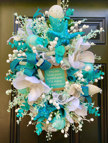 Beach Winter Wreath, Coastal Christmas Wreath, Seashell Holiday Decor, Nautical Front Door Wreath