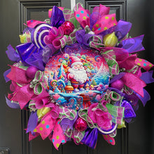 Santa Candy Land Theme Christmas Wreath for Front Door, Holiday Rainbow Front Porch Decor with Peppermint Candies, Jewel Tone Christmas