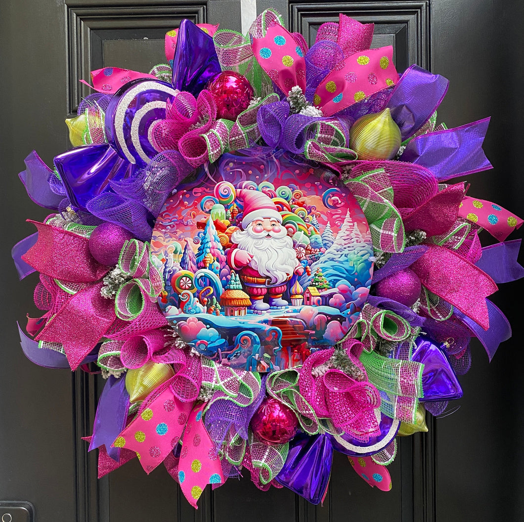 Santa Candy Land Theme Christmas Wreath for Front Door, Holiday Rainbow Front Porch Decor with Peppermint Candies, Jewel Tone Christmas