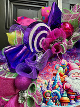 Santa Candy Land Theme Christmas Wreath for Front Door, Holiday Rainbow Front Porch Decor with Peppermint Candies, Jewel Tone Christmas