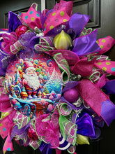 Santa Candy Land Theme Christmas Wreath for Front Door, Holiday Rainbow Front Porch Decor with Peppermint Candies, Jewel Tone Christmas