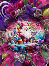 Santa Candy Land Theme Christmas Wreath for Front Door, Holiday Rainbow Front Porch Decor with Peppermint Candies, Jewel Tone Christmas