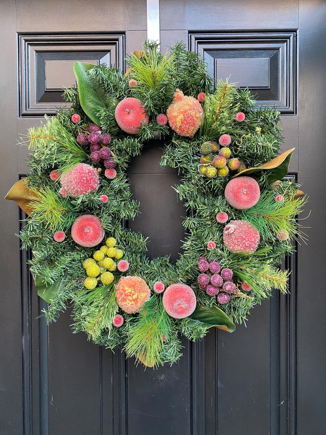 Williamsburg Style Christmas Wreath with Sugared Fruit, Apple Evergreen Wreath for Front Porch, Traditional Decor for Front Door