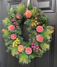 Williamsburg Style Christmas Wreath with Sugared Fruit, Apple Evergreen Wreath for Front Porch, Traditional Decor for Front Door