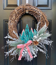 Winter Grapevine Wreath, Bottle Brush Tree Wreath, Christmas Front Door Decor, Frosted Pine Wreath