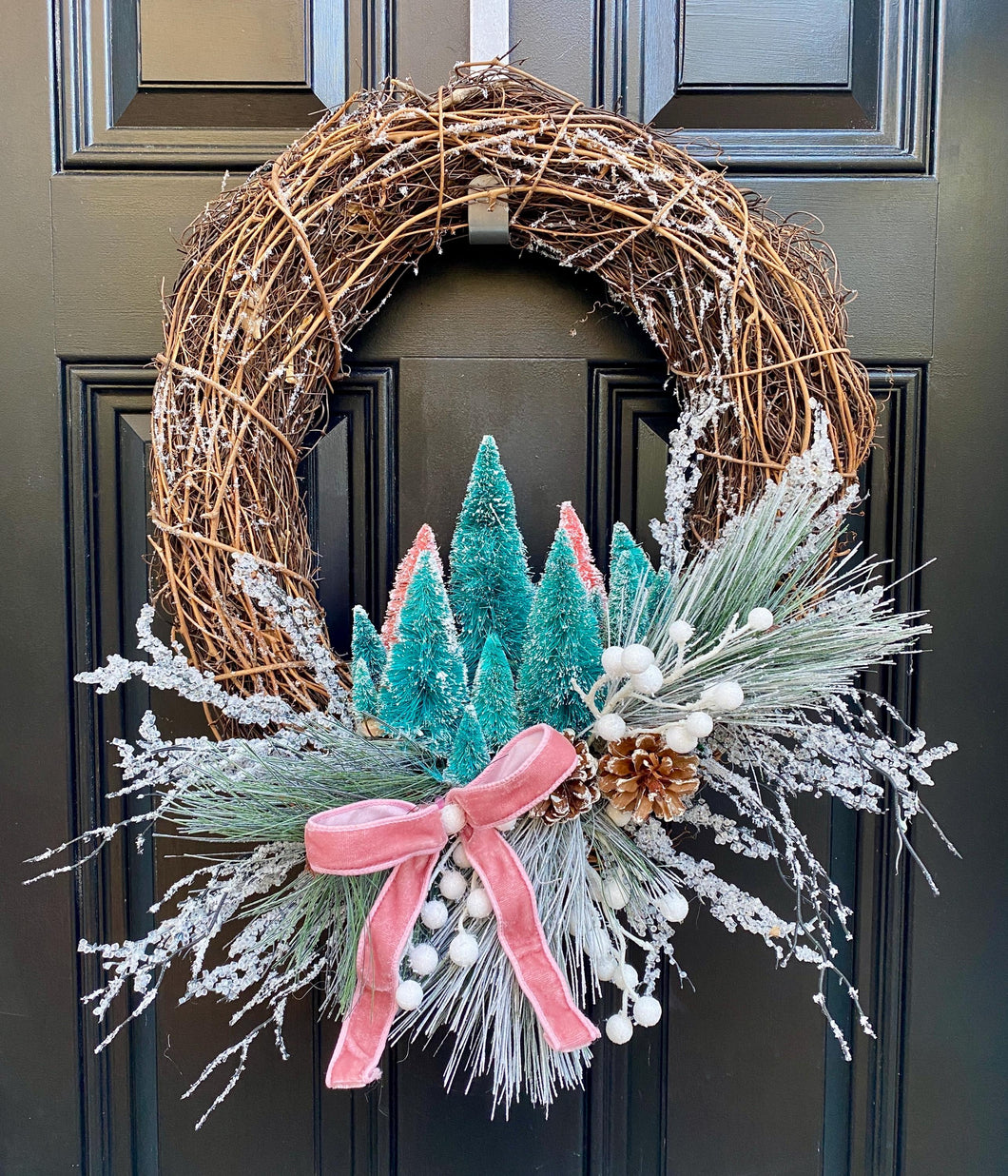 Winter Grapevine Wreath, Bottle Brush Tree Wreath, Christmas Front Door Decor, Frosted Pine Wreath