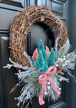 Winter Grapevine Wreath, Bottle Brush Tree Wreath, Christmas Front Door Decor, Frosted Pine Wreath