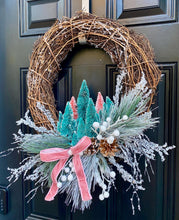 Winter Grapevine Wreath, Bottle Brush Tree Wreath, Christmas Front Door Decor, Frosted Pine Wreath