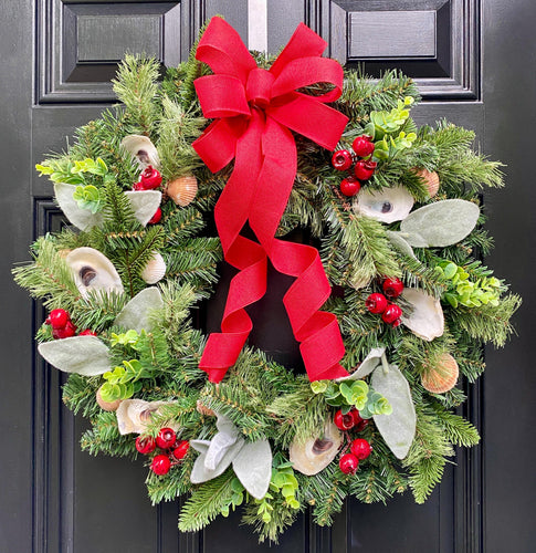Oyster Seashell Evergreen Wreath with Lambs Ear, Natural Shell Holiday Beach Decor, Coastal Cottage or Beach House, Nautical Christmas
