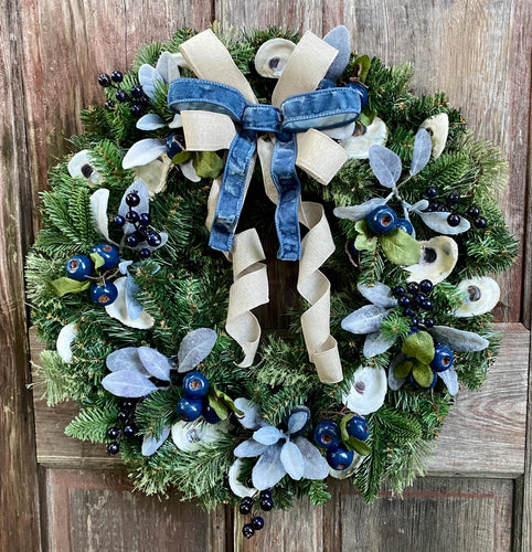 Oyster Evergreen Wreath with Lambs Ear, Natural Shell Holiday Beach Decor, Coastal Cottage or Beach House, Nautical Christmas