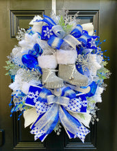 Ice Skates Wreath Winter Front Door Decor, Snow Theme for Front Porch, Snowflake Flocked Christmas Evergreen with Peppermint
