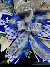 Ice Skates Wreath Winter Front Door Decor, Snow Theme for Front Porch, Snowflake Flocked Christmas Evergreen with Peppermint
