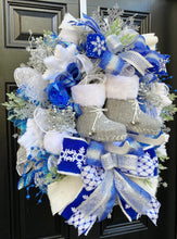 Ice Skates Wreath Winter Front Door Decor, Snow Theme for Front Porch, Snowflake Flocked Christmas Evergreen with Peppermint