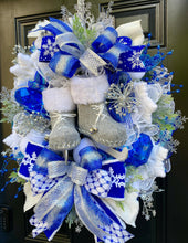 Ice Skates Wreath Winter Front Door Decor, Snow Theme for Front Porch, Snowflake Flocked Christmas Evergreen with Peppermint