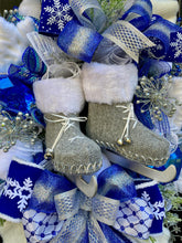 Ice Skates Wreath Winter Front Door Decor, Snow Theme for Front Porch, Snowflake Flocked Christmas Evergreen with Peppermint