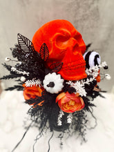 Halloween Skull Floral Arrangement, Neon Orange Flocked Skull, Table Centerpiece, Candlestick for Mantle Decor