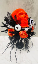 Halloween Skull Floral Arrangement, Neon Orange Flocked Skull, Table Centerpiece, Candlestick for Mantle Decor