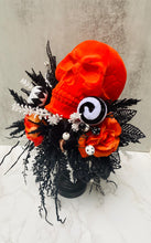 Halloween Skull Floral Arrangement, Neon Orange Flocked Skull, Table Centerpiece, Candlestick for Mantle Decor