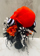 Halloween Skull Floral Arrangement, Neon Orange Flocked Skull, Table Centerpiece, Candlestick for Mantle Decor
