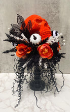 Halloween Skull Floral Arrangement, Neon Orange Flocked Skull, Table Centerpiece, Candlestick for Mantle Decor