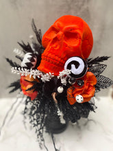 Halloween Skull Floral Arrangement, Neon Orange Flocked Skull, Table Centerpiece, Candlestick for Mantle Decor