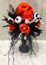 Halloween Skull Floral Arrangement, Neon Orange Flocked Skull, Table Centerpiece, Candlestick for Mantle Decor