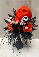 Halloween Skull Floral Arrangement, Neon Orange Flocked Skull, Table Centerpiece, Candlestick for Mantle Decor