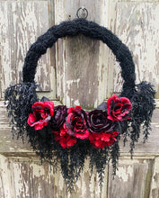 Gothic Halloween Wreath, Red Rose Wreath with Trailing Cypress, Spooky Front Door Decor
