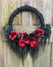 Gothic Halloween Wreath, Red Rose Wreath with Trailing Cypress, Spooky Front Door Decor