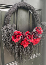 Gothic Halloween Wreath, Red Rose Wreath with Trailing Cypress, Spooky Front Door Decor