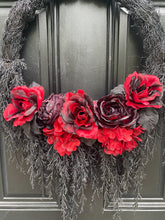 Gothic Halloween Wreath, Red Rose Wreath with Trailing Cypress, Spooky Front Door Decor