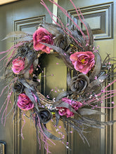 Gothic Halloween Wreath with Purple and Black Roses for Front Door, Floral Halloween, Spooky Halloween Front Porch Decor