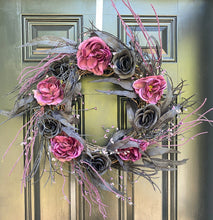Gothic Halloween Wreath with Purple and Black Roses for Front Door, Floral Halloween, Spooky Halloween Front Porch Decor