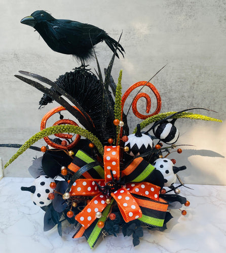 Halloween Table Arrangement, Witch Hat Centerpiece with Black Crow, Cute Pumpkin Halloween Party Decor